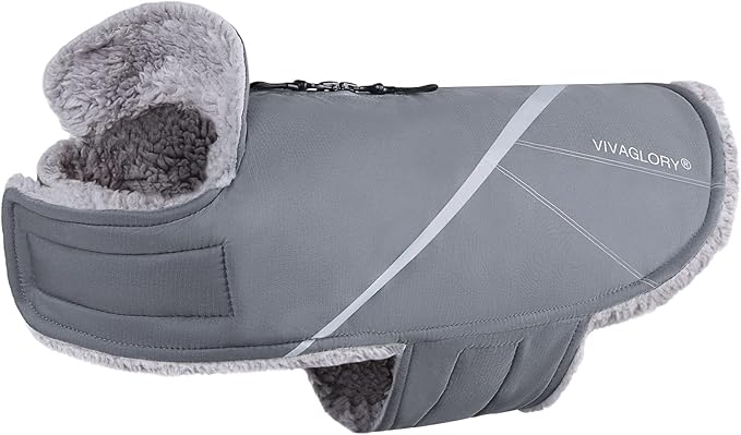 VIVAGLORY Snowrap Dog Coat, Jacket with Harness Hole, Dog Coat for Winter & Cold Weather, Fluffy Warm Fleece Lined Reflective Water Resistant for Puppy, L, Grey