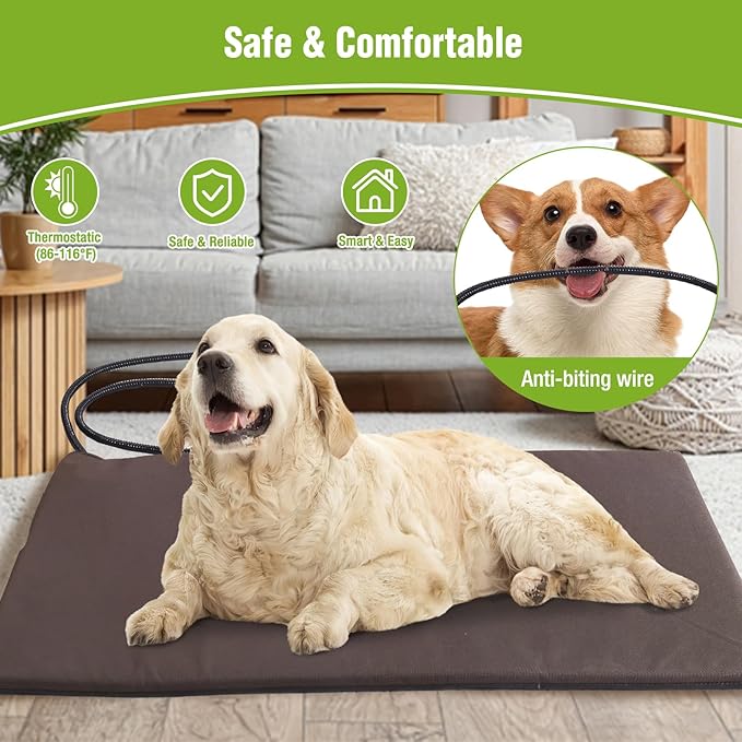 GUTINNEEN Heated Dog House for Outside Dog Kennel with Insulated Line and Heating Pad，Anti-Chewing Metal Frame Dog Shelter with Raise Floor and Waterproof Roof，Brown