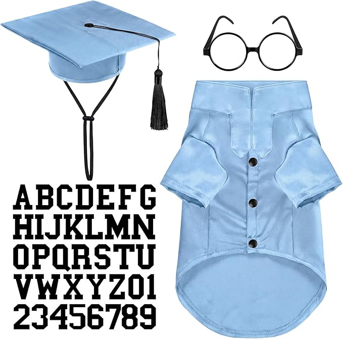 5 Pcs Dog Graduation Costume Set Include 2026 Pet Graduation Gown with Stole Puppy Grad Cap Lensless Glasses DIY Letter Stickers for Dogs Cats Holiday Costume Accessory(Light Blue,M)