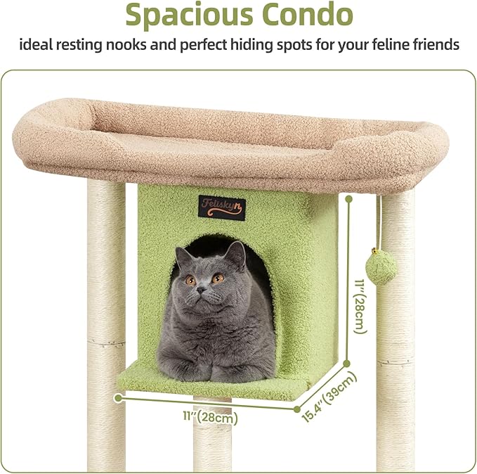 Cat Tree Tower Scratching Post for Indoor Large Cats, Small Cat Tree with Big Perch Bed, 28in Tall Trees House with Condo Cave, Toy Balls, Modern Climbing Furniture Platform for Kitten (Green)