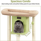 Cat Tree Tower Scratching Post for Indoor Large Cats, Small Cat Tree with Big Perch Bed, 28in Tall Trees House with Condo Cave, Toy Balls, Modern Climbing Furniture Platform for Kitten (Green)