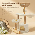 PETEPELA Modern Cat Tree Tower for Indoor Large Cats w/Removable Flower Perch, Real Solid Wood Cat Scratching Posts, Boho Ratten Cat Furniture w/Cozy Condo & Wicker Basket Bed, White
