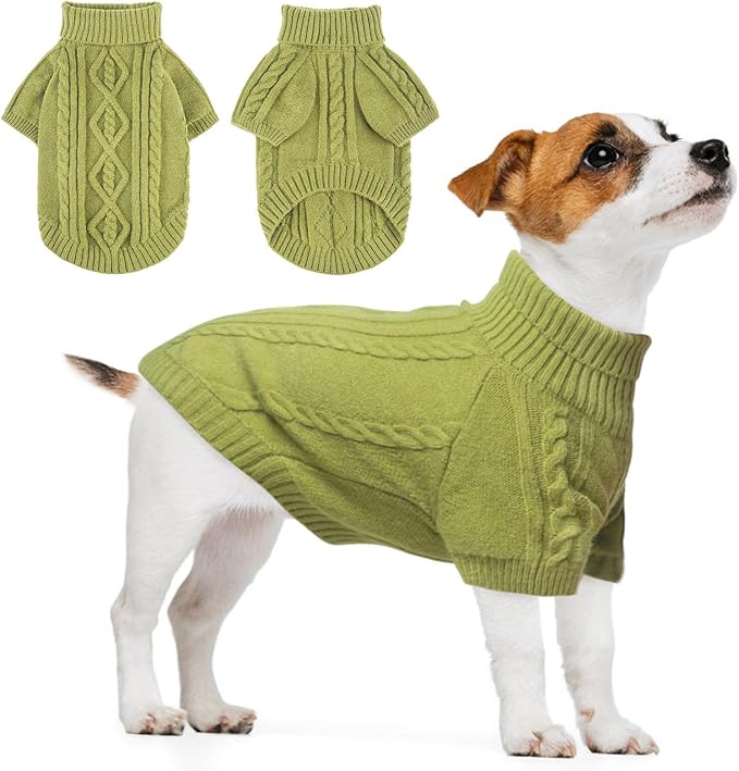 BEAUTYZOO Small Dog Sweater-Dog Sweatshirt Pullover Cable Knit Wear Classic Turtleneck Thick Cold Weather Clothes for Small Dogs, Medium Dogs, Puppies,Green Cable S (Back: 12", Chest: 16", Neck: 10")