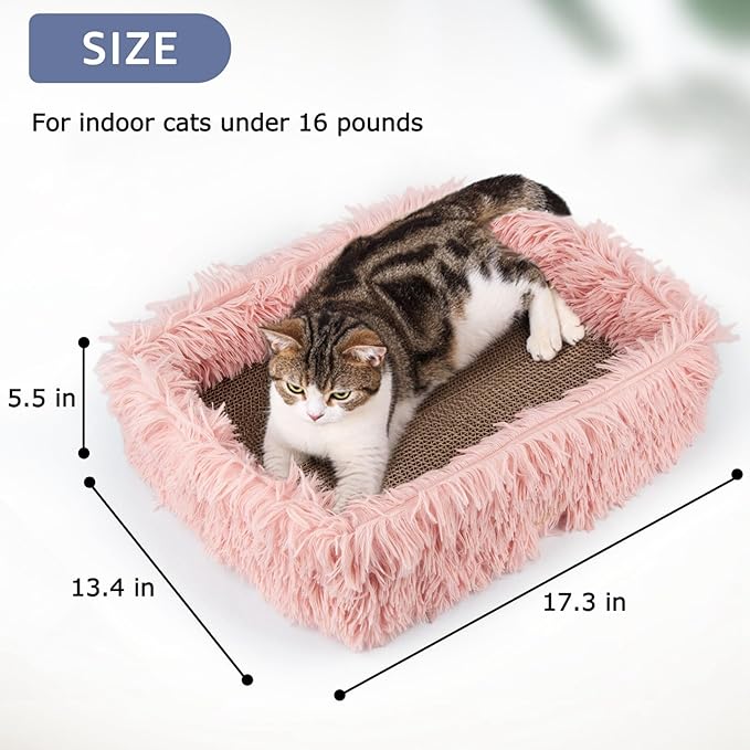 Fluffy Cat Scratcher Bed Box with Removable Cardboard, Corrugated Board Rectangular Cat Scratching Lounge, Pet Scratch Pad for Furniture Protection (Pink)