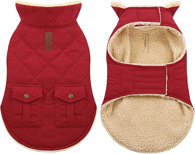 ASENKU Warm Dog Winter Coat, Waterproof Dog Coat for Cold Weather, Fleece Dogs Jacket with Ultra Thick Plush Lining Leash Hole Storage Pockets for Small Dogs (Red, X-Small)
