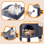 Cat Tree Tower 44 Inch, Small Cat Tower with Condo, Hammock, Sisal Scratching Posts, Extended Perch, Pet Play House for Indoor Kittens and Cats, Grey