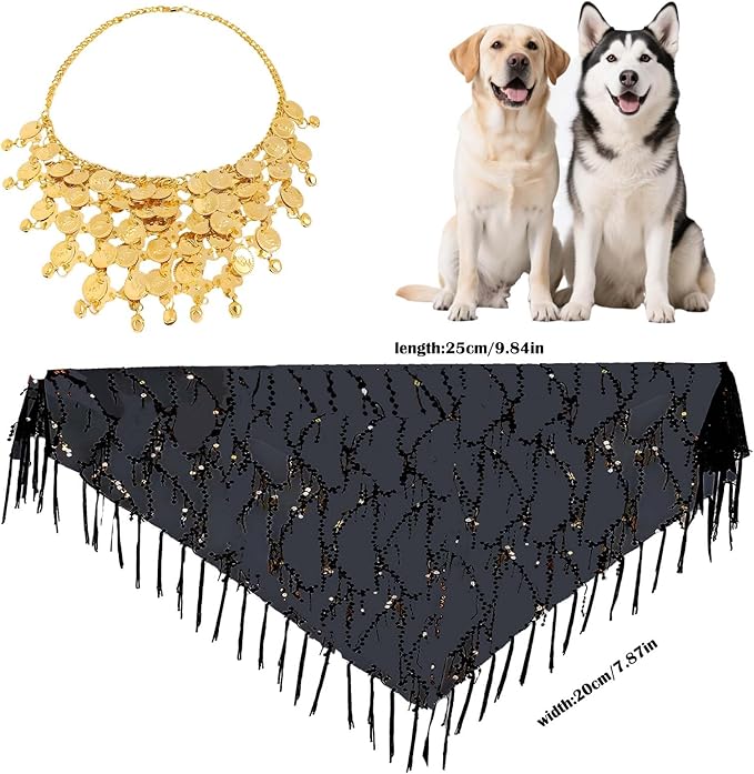 Dog Belly Dancer Costume with Necklace and Waist Chain - Sequin Party Outfit for Medium to Large Dogs, Labrador, Golden Retriever, German Shepherd, Husky