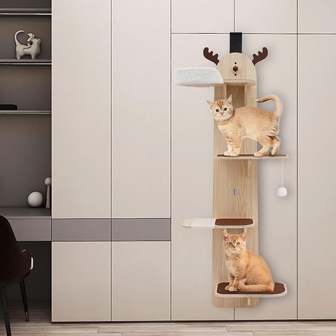 Door Hanging Cat Tree, 4-Tier Cat Climbing Frame W/Plush Ball,4.9ft Wooden Cat Ladde, 55lb Load Capacity & Sisal-Wrapped Scratching Board for Stair, Foyer, Living Room, Enclosed Balcony. (Frame)