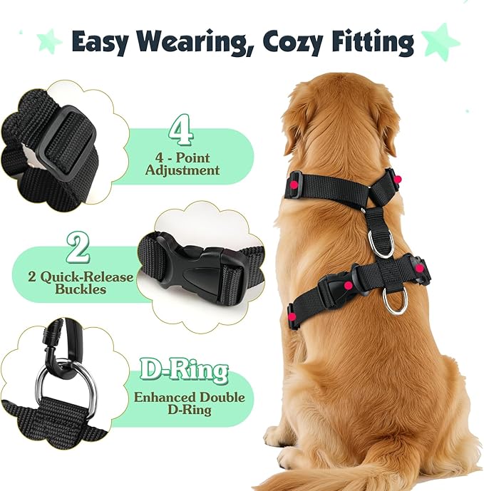 Pawaboo Dog Seat Belt Harness for Car, Dog Car Harness Seatbelt with Double Clips, Adjustable Breathable Pet Vest & Dogs Safety Tether with Elastic Bungee for Small Medium Large Pet, M, Blue + Black