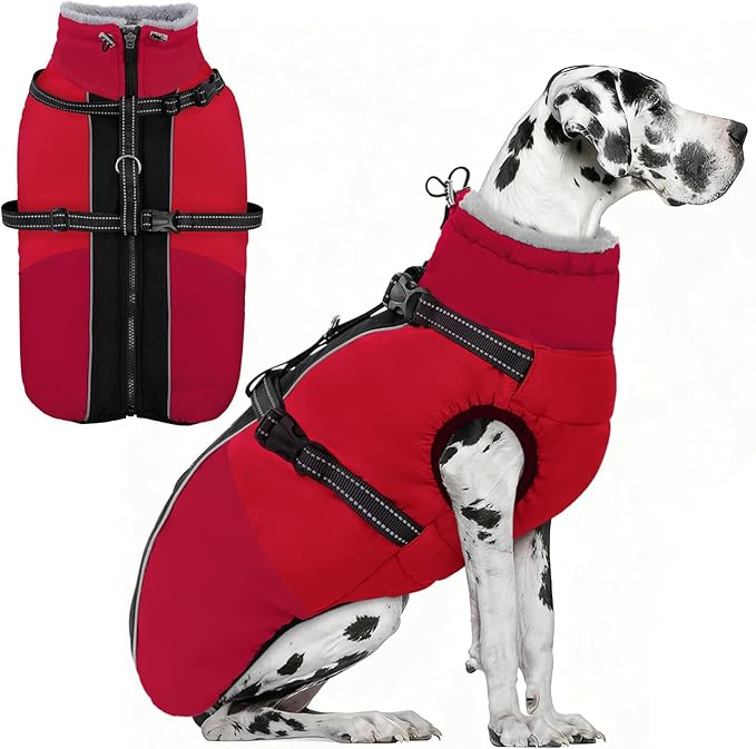 AOFITEE Dog Coats for Large Dogs, Waterproof Dog Winter Jacket with Harness Built in, Warm Large Dogs Coat with Fleece Lined, Zip Up Pets Jackets for Golden Retriever, Weimaraner, Red 2XL
