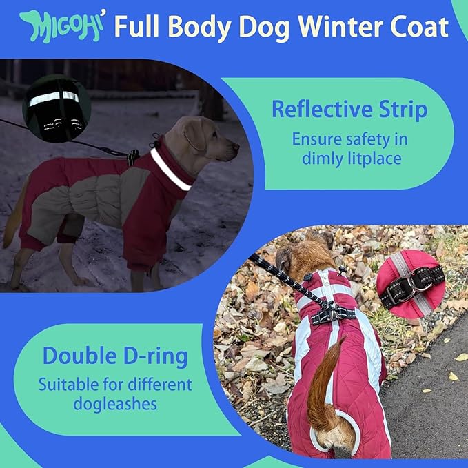 MIGOHI Full Body Dog Coat - Warm Reflective Small Dog Winter Coat with Harness, Turtleneck Fleece Jacket for Dogs,Four-Leg Windproof Puffer Jackets Snowsuit with Zipper for Small Medium Large Dogs,S