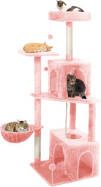 Cat Tree, 54-Inch Cat Tower for Indoor Cats,Plush Multi-Level Cat Condo with Scratching Posts, Basket, Perches,2 Caves,2 Pompoms(Pink)