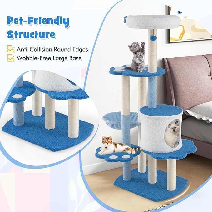 PETSITE 54 inch Cat Tree Tower, Multi-Level Modern Cat Tower with Sisal Scratching Posts, Jingling Ball, Top Perch, Side Hammock, and Cat Condo, Cute Blue Cat Tree for Indoor Cats