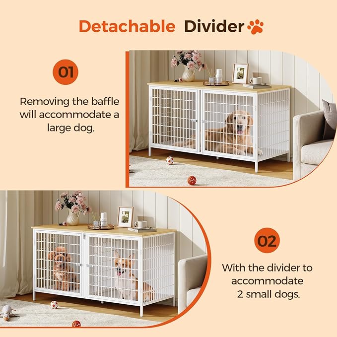 Dog Crate Furniture for 2 Dogs, 43.3" Dog Kennel with Removable Divider, Heavy Sturdy Dog Furniture Style Double Cage for Small Medium Dogs, Indoor Pet House End Table, Natural and White