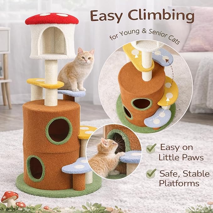 59” Mushroom Cat Tree with Large Condo & Multi-Level Platforms, Cat Tower with 2 Hideouts, Sisal Scratching Posts & Plush Perches, Tree-Trunk Design, 24” Wide Base (Mushroom-AA)