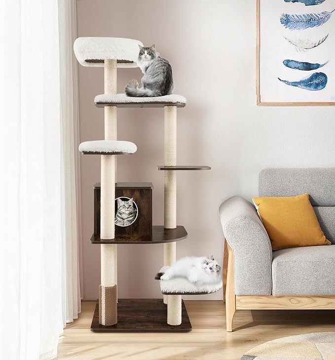 COSTWAY 71-inch Cat Tree, 7-Layer Cat Tower with Scratching Posts, Self Groomer, Top Perch & Private Condo, Retro Cat Activity Center with Washable Cushions for Indoor Cats (Brown)