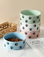 6.5 Inch Blue Ceramic Dog Bowl with Paw Print Pattern - Porcelain Wide Mouth Dog Food or Water Bowls, Large Feeding Pet Bowls for Indoor Medium Sized Dogs, for Wet or Dry Food