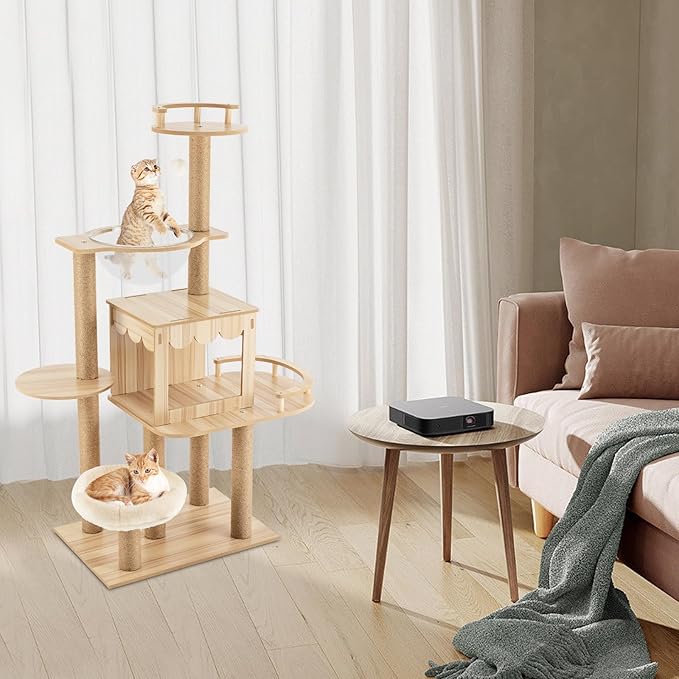60" Cat Tree Multi-Level, Wood Cat Climbing Stand, Cat Tree Tower, Large Playing Condo with Scratching Post Funny Toys for Kittens Pet Play House