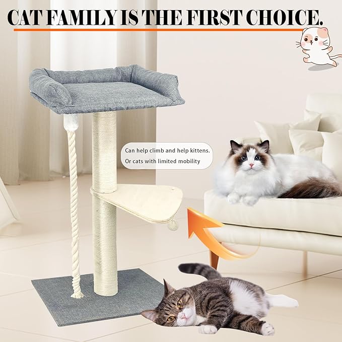 35" Cat Tree Tower for Indoor Cats, Tall Cat Scratching Post with Large Bed for Maine Coon Big Cats, Sisal Cat Scratcher with Soft Perch & Hammock, Stable Cat Stand, Gray