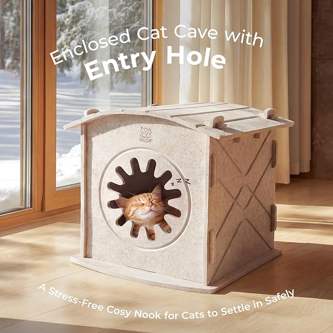 Apasiri Cat Houses for Indoor Cats: Felt Cat House Cave Cathouse, Scratch-Resistant Warm Insulated Covered, Hideaway Tent for Anxiety Relief Gift