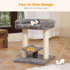 PETEPELA 19" Scratching Post, Cat Tree Tower, 100% Natural Sisal Scratcher With Large Plush Top Perch Bed, Cozy Platform for Kittens and Cats