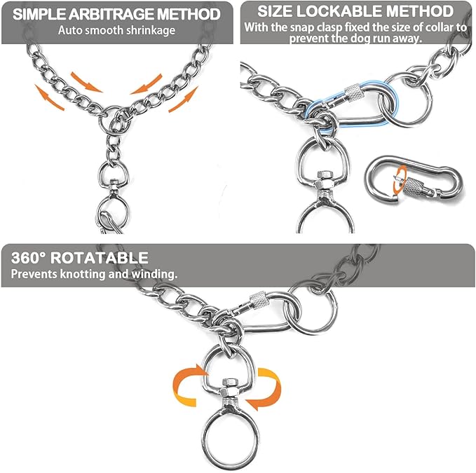 Chain Dog Collars Stainless Steel Metal Chew Proof Necklace Slip P Chain with Connect Clasp for Small Medium Large Dogs Training and Walking.