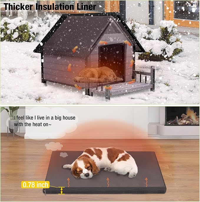 Dog House with Insulated Liner, Waterproof Dog Kennel for Small to Medium Size Dogs, Outdoor Doghouse 100% Insulated Puppy Shelter with Elevated Floor for Winter (Grey, Medium)