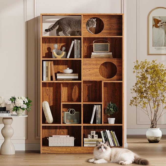 63.5" Cat Tree with Litter Box Enclosure & Bookshelf, Modern Cat Tower with Built-in Cat Houses, Multi-Tier Storage Shelf Cat Furniture for Indoor Cats,Brown