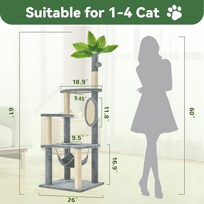60" Cat Tree for Indoor Cats with Green Leaves, Multi-Level Large Cat Tower with Hammock, Plush House w/Hang Ball Toy and Scratching Posts (Grey)