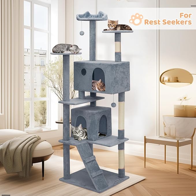 Tall Cat Tree with Scratching Post, 2 Cat Condos and Ladder, Cat Tower for Indoor Cats Kittens Climbing Tower with Anti-Tipping Rope, 77 Inch, Light Gray