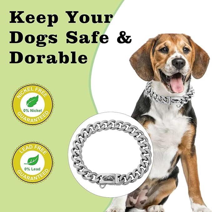 Stainless Steel Silver Gold Dog Collars with Safety Buckle Lock,18K Cuban Link Chain Training Collar,15MM Strong Dog Necklace Heavy Duty Chew Proof for Small Medium Large Dog