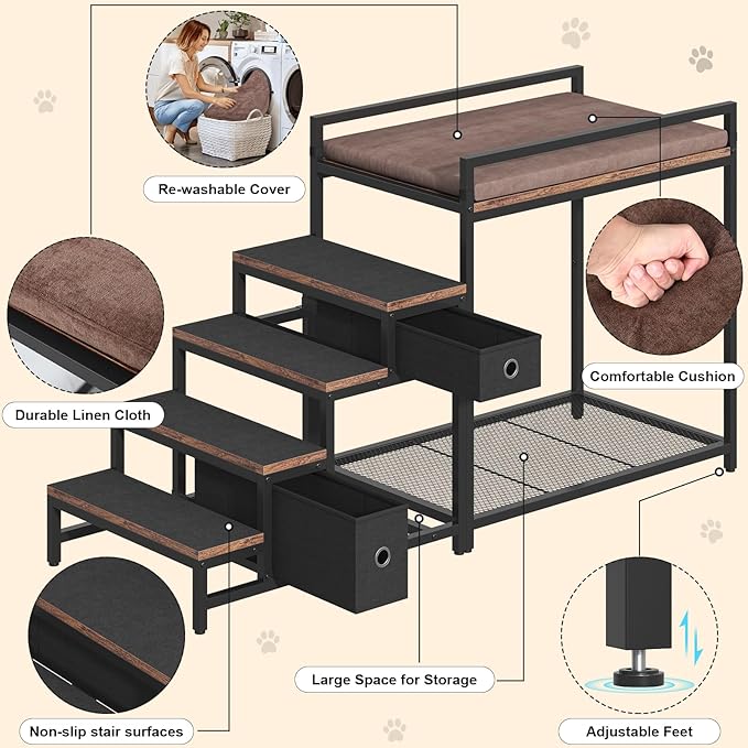 Pet Bunk Bed with Removable Stairs and 2 Drawers, Dogs/Cats Window Perch, Dog Window Seat with Soft Cushion, Ultra-Shallow Steps, Sturdy Metal Frame, Non-Slip, Load Capacity 60 LBS