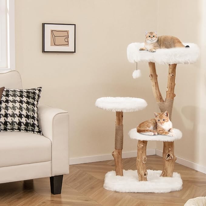 Tangkula Solid Wood Cat Tree, Modern Wooden Cat Tower with Perch, Jute Scratching Posts, Dangling Ball, Soft Long Plush, Luxury Cat Condo, Natural Branch Cute Cat Tree for Indoor Cats