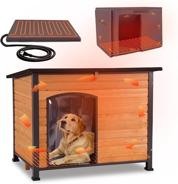 GUTINNEEN Large Heated Dog House Outdoor Dog House Insulated Weatherproof Dog Kennel with Safe Heating Pad, Thermal Liner, Chew-Proof Metal Frame for Medium to Large Dog Breeds, 33.5" L×22" D×25.2" H