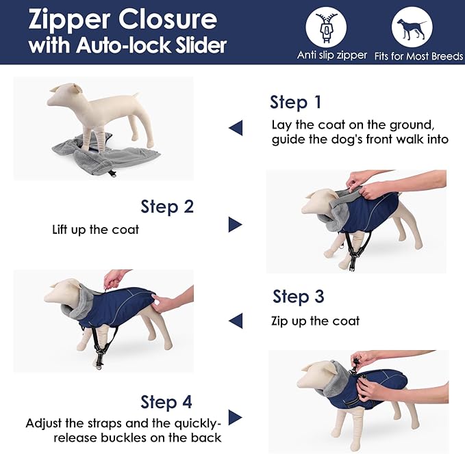 AOFITEE Dog Coat, Waterproof Dog Jacket with Harness Built in, Dogs Coats for Lage Dogs, Warm Fleece Zipped Pet Puffer Jacket, Outdoor Cold Weather Coats Pet Snowsuit for French Bulldog, Blue L