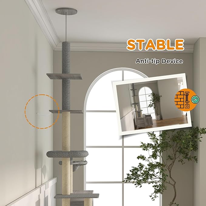 PawHut Cat Tree with Litter Box Enclosure, 2 in 1 Floor to Ceiling Cat Tower Litter Box Furniture with Condo, Bed, Hammock, Scratching Posts, and Platforms for Indoor Use, Gray