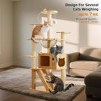 Large Cat Tree,131 Tall Wooden Cat Tower with Spacious Cave,2 Transparent Space Capsule,8 Fully Scratching Posts and Natural Wood Posts, Kitty Condo with Multi-Layer Platform