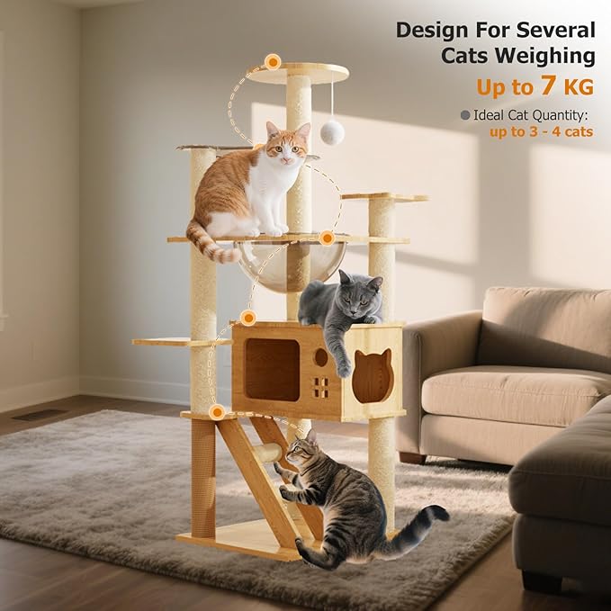 Large Cat Tree,131 Tall Wooden Cat Tower with Spacious Cave,2 Transparent Space Capsule,8 Fully Scratching Posts and Natural Wood Posts, Kitty Condo with Multi-Layer Platform
