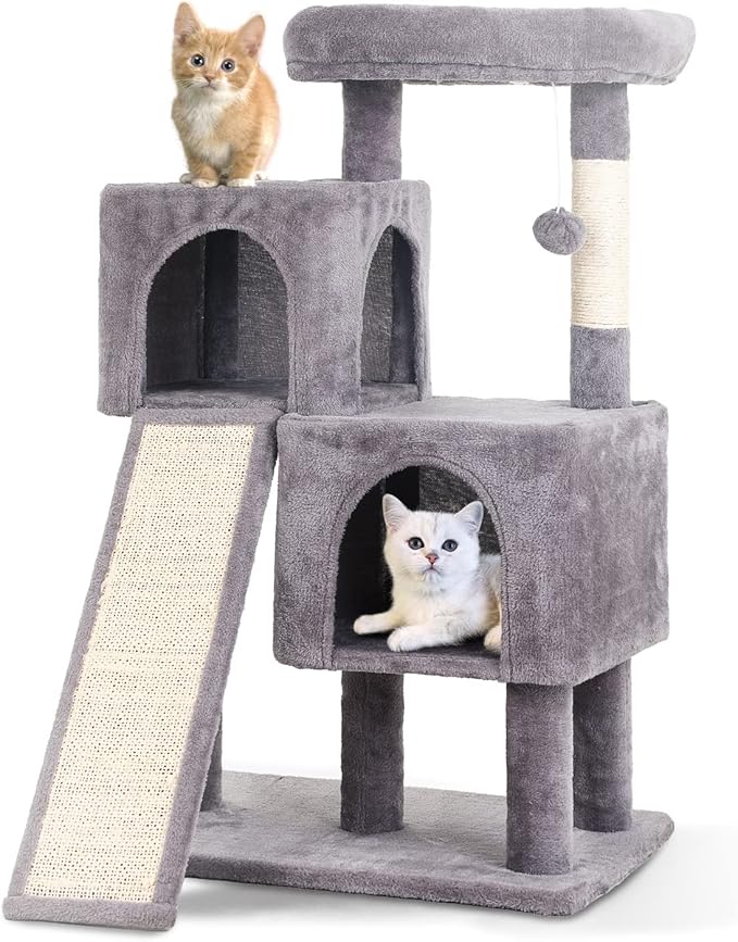 36 inches Cat Tower,Cat Tree for Indoor Cats with Scratching Posts Multi-Level Cat House with Ramp,Double Condos,Spacious Perch,Scratching Sisal Post and Dangling Balls for Kittens,Ashy