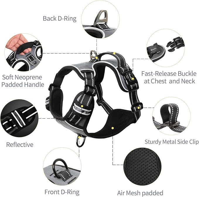 HEELE Dog Harness, No Pull Adjustable Padded Reflective Harness for Small Medium Large Dogs with Handle for Walking Training, Grey, XL