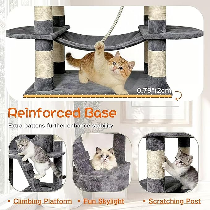Pawly 70" Extra Tall Cat Tree with Dual Hammocks & Enlarged Condos, Premium CARB P2-Compliant Particle Board, 350G Plush Natural Sisal Cat Tower for Big Cats & Multi-Cat Families, Gray