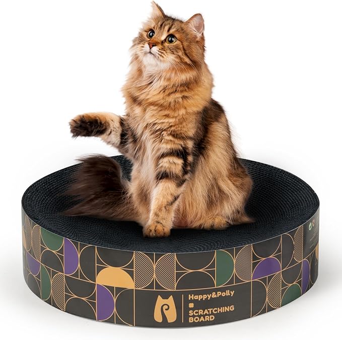 Cat Scratcher Cardboard Bed - Happy&Polly Round Cat Scratching Pad for Indoor Cats Double-Sided Usable Corrugated Cat Beds Furniture Protector Scratch Deterrent - Black