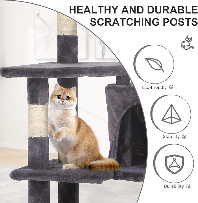 36" Multi-Level Cat Tree Tower with Scratching Posts, Toys & Condo - Space-Saving Design for Indoor Kittens, Compact Floor Footprint & Vertical Space for Multi-Cat Homes-Light Grey