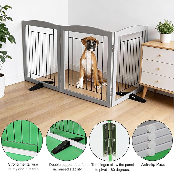 Dog Fence Indoor,Dog Gate Indoor for Doorway pet gate -3-Panel Freestanding, Hallways, House or Stairs -60x32-Inch Retractable Foldable Expandable Wood Pet by SFJC (Grey) ﻿