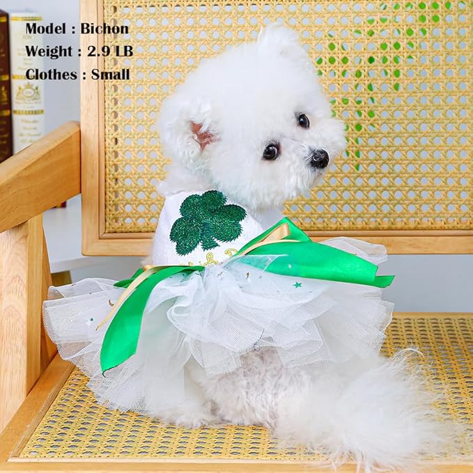 St Patrick's Day Dog Dress for Small Dogs Girl Lucky Shamrock Tutu Dresses with Bow Tie Holiday Puppy Clothes Female Pet Cat Outfit (Green, X-Large)