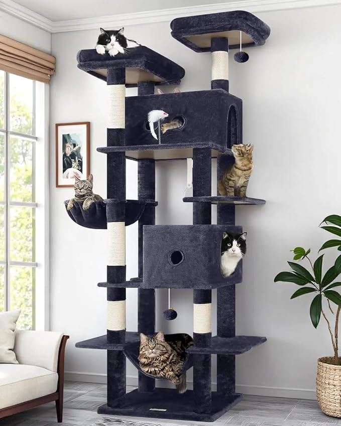 Globlazer Heavy Duty Cat Tree Tower 80in Tall Extra Large Cat Tree Tower for Multiple Indoor Cats Large Adult with Scratching Posts, 2 Spacious Condos, Padded Perches, Soft Hammock, S80B, Dark Grey