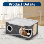 Shikha Cat Beds for Indoor Cats, Extra Wide Cat Cube House for Multi Cats, Foldable Cat Cave Hideaway with Arc-Edge Design & Oval Door, Reversible Cushion for All Seasons, 24"L x 17.7"D x 12.6"H, Grey