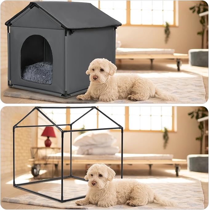 Large Cat & Small Dog House Soft Indoor (Int 22x20x18in/Ext 24x22x24in) for Ragdolls, Small French Bulldog, Welsh Corgi, Mini Schnauzer, Small Pet House with Soft Cushion, Oxford Fabric, Gray