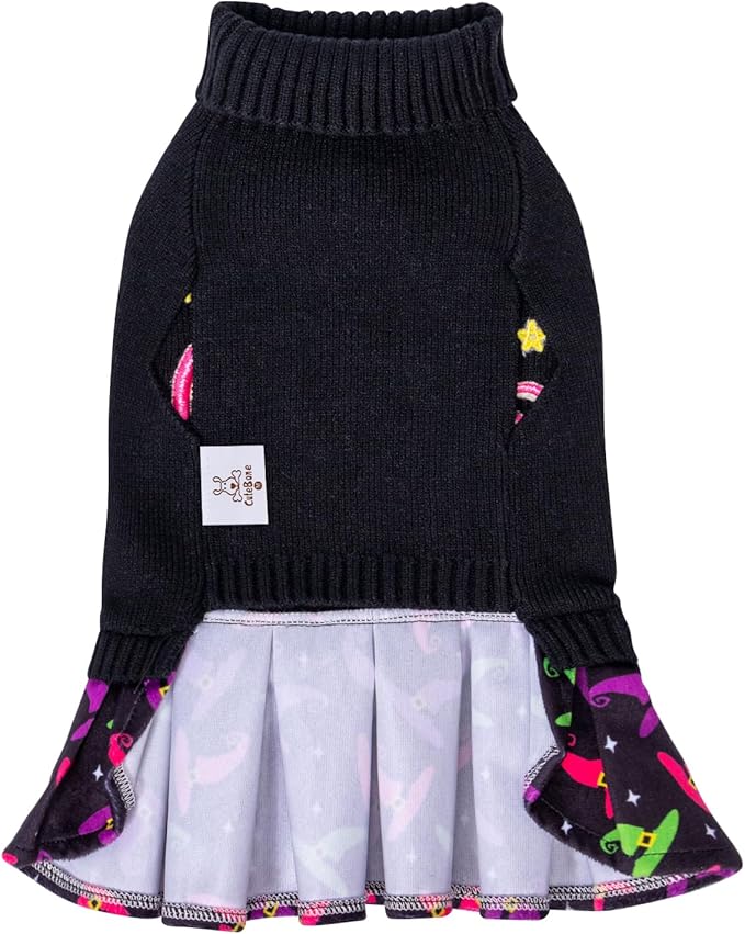 CuteBone Halloween Dog Sweater Dress Spooky Embroidery Turtleneck Puppy Sweater with Bowtie Harness Hole Pullover Winter Dress for Medium Large Dogs