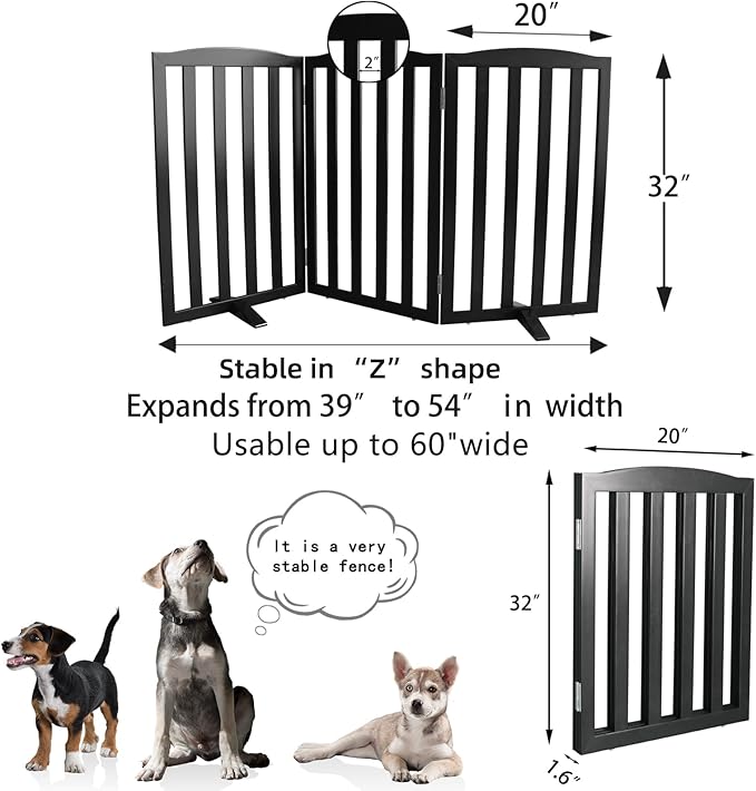 Freestanding Dog Gate Indoor,Doggie Gate Foldable Pet Gates for Doorways,Stairs or Hallways, Wooden Black Pet Gate for the House, Pet Fence with Support Feet Included,32 "Height-3 Panels
